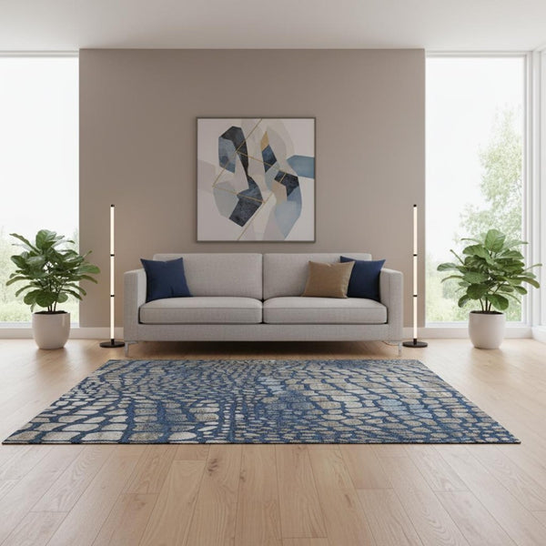 HomeRoots 5' X 8' Washable Navy Blue Gray Taupe Abstract Geometric Area Rug with UV Protection for Durability 677935
