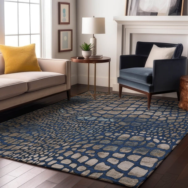 HomeRoots 5' X 8' Washable Navy Blue Gray Taupe Abstract Geometric Area Rug with UV Protection for Durability 677935