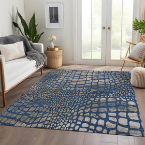 HomeRoots 5' X 8' Washable Navy Blue Gray Taupe Abstract Geometric Area Rug with UV Protection for Durability 677935