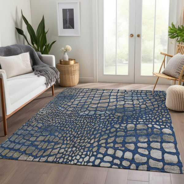 HomeRoots 5' X 8' Washable Navy Blue Gray Taupe Abstract Geometric Area Rug with UV Protection for Durability 677935
