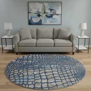 HomeRoots 8' Navy Blue, Gray & Taupe Abstract Geometric Washable Round Rug - Soft, Durable, UV Protected Design 677936