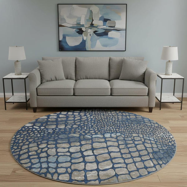 HomeRoots 8' Navy Blue, Gray & Taupe Abstract Geometric Washable Round Rug - Soft, Durable, UV Protected Design 677936