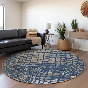 HomeRoots 8' Navy Blue, Gray & Taupe Abstract Geometric Washable Round Rug - Soft, Durable, UV Protected Design 677936