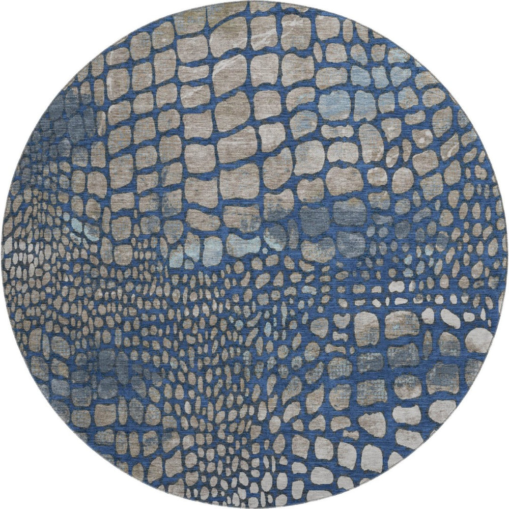 HomeRoots 8' Navy Blue, Gray & Taupe Abstract Geometric Washable Round Rug - Soft, Durable, UV Protected Design 677936
