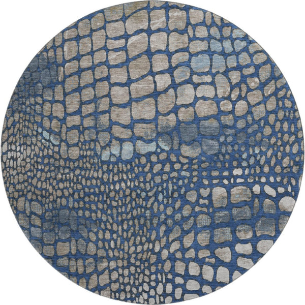 HomeRoots 8' Navy Blue, Gray & Taupe Abstract Geometric Washable Round Rug - Soft, Durable, UV Protected Design 677936