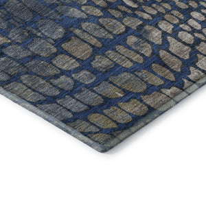 HomeRoots 8' Navy Blue, Gray & Taupe Abstract Geometric Washable Round Rug - Soft, Durable, UV Protected Design 677936