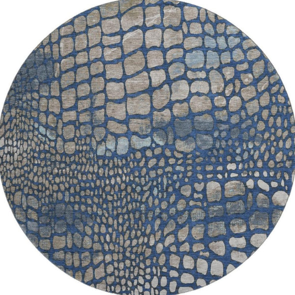 HomeRoots 8' Navy Blue, Gray & Taupe Abstract Geometric Washable Round Rug - Soft, Durable, UV Protected Design 677936