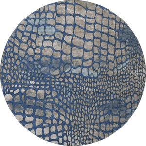 HomeRoots 8' Navy Blue, Gray & Taupe Abstract Geometric Washable Round Rug - Soft, Durable, UV Protected Design 677936