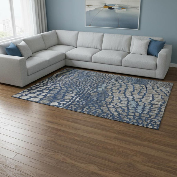 HomeRoots 8' X 10' Navy Blue, Gray & Taupe Abstract Area Rug - Durable, Washable, UV Protected for Modern Spaces 677937