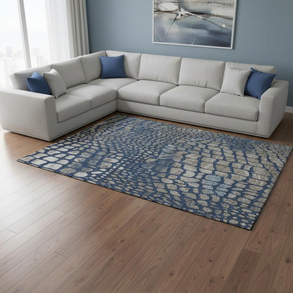 HomeRoots 9' X 12' Navy Blue Gray Taupe Abstract Geometric Area Rug – Durable, Washable, UV Protected & Stylish! 677938