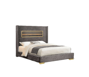 English Elm Contemporary Queen Platform Bed Upholstered Fabric with Fireplace Headboard and Bluetooth Audio Gray,Multi B2741P439941
