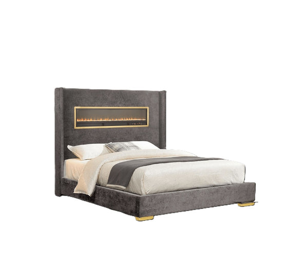 English Elm Contemporary Queen Platform Bed Upholstered Fabric with Fireplace Headboard and Bluetooth Audio Gray,Multi B2741P439941