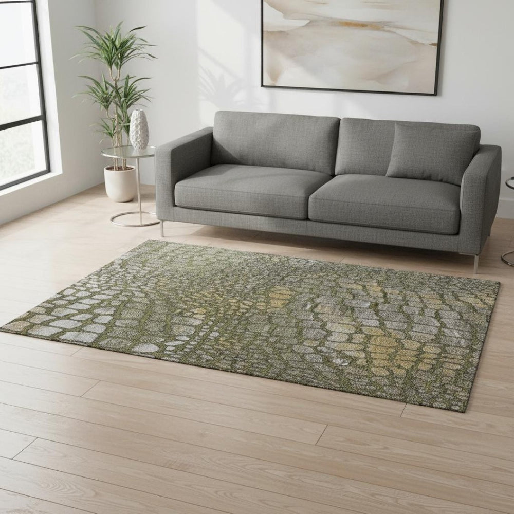 HomeRoots 5' X 8' Abstract Geometric Area Rug in Olive Green, Gold & Gray – Washable, UV-Protected & Durable 677941
