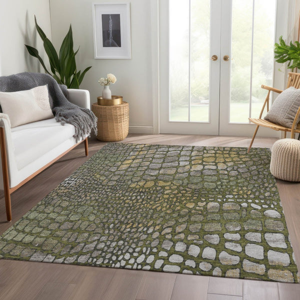 HomeRoots 5' X 8' Abstract Geometric Area Rug in Olive Green, Gold & Gray – Washable, UV-Protected & Durable 677941