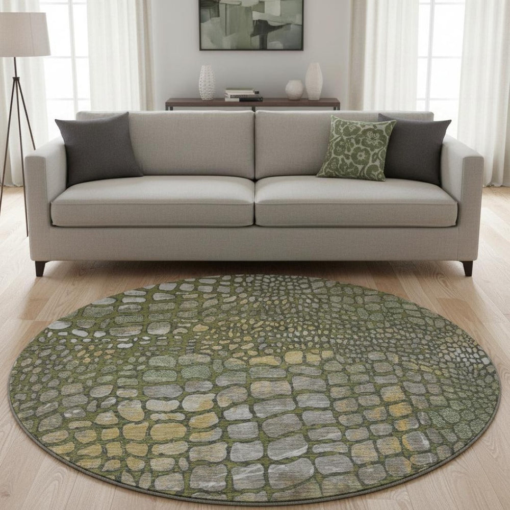 HomeRoots 8' Olive Green Gold Gray Abstract Round Rug - Washable, UV Protected, Durable, Stylish Home Accent 677942
