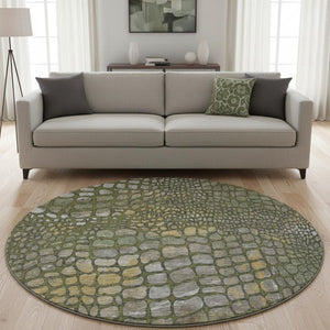HomeRoots 8' Olive Green Gold Gray Abstract Round Rug - Washable, UV Protected, Durable, Stylish Home Accent 677942