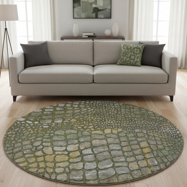 HomeRoots 8' Olive Green Gold Gray Abstract Round Rug - Washable, UV Protected, Durable, Stylish Home Accent 677942