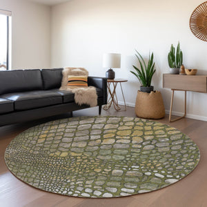HomeRoots 8' Olive Green Gold Gray Abstract Round Rug - Washable, UV Protected, Durable, Stylish Home Accent 677942