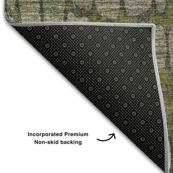 HomeRoots 8' Olive Green Gold Gray Abstract Round Rug - Washable, UV Protected, Durable, Stylish Home Accent 677942