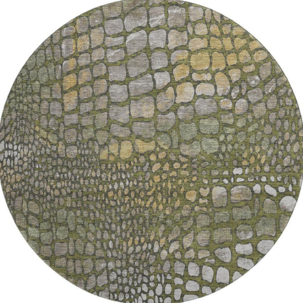 HomeRoots 8' Olive Green Gold Gray Abstract Round Rug - Washable, UV Protected, Durable, Stylish Home Accent 677942