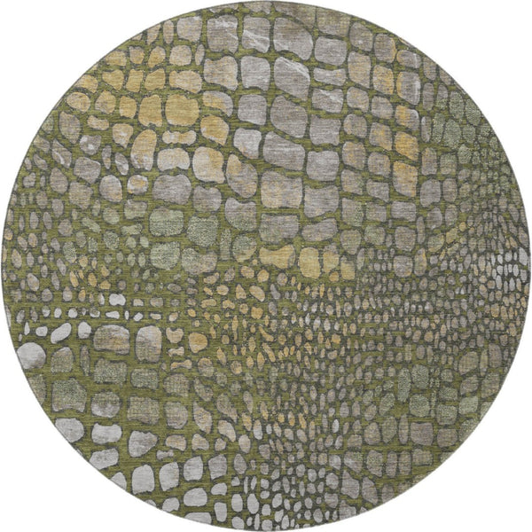 HomeRoots 8' Olive Green Gold Gray Abstract Round Rug - Washable, UV Protected, Durable, Stylish Home Accent 677942