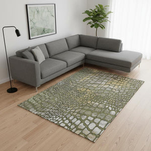 HomeRoots 8' X 10' Washable Olive Green, Gold & Gray Abstract Area Rug with UV Protection for Busy Homes 677943