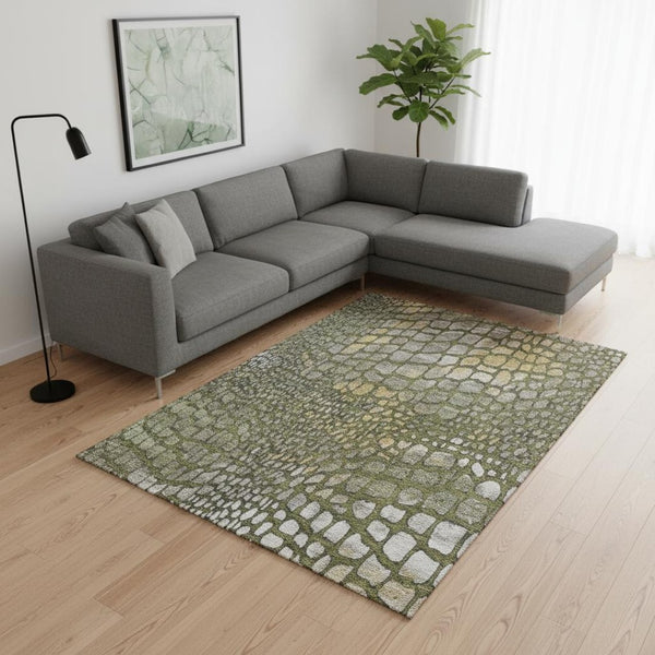 HomeRoots 8' X 10' Washable Olive Green, Gold & Gray Abstract Area Rug with UV Protection for Busy Homes 677943