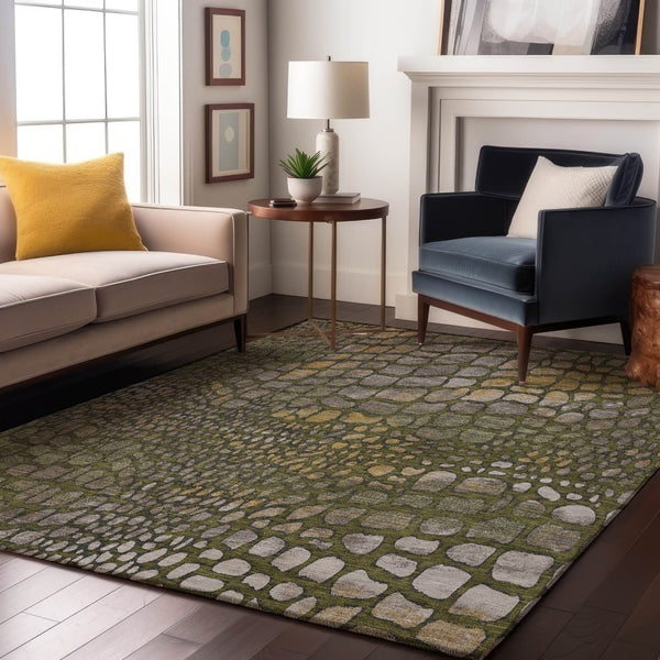 HomeRoots 8' X 10' Washable Olive Green, Gold & Gray Abstract Area Rug with UV Protection for Busy Homes 677943