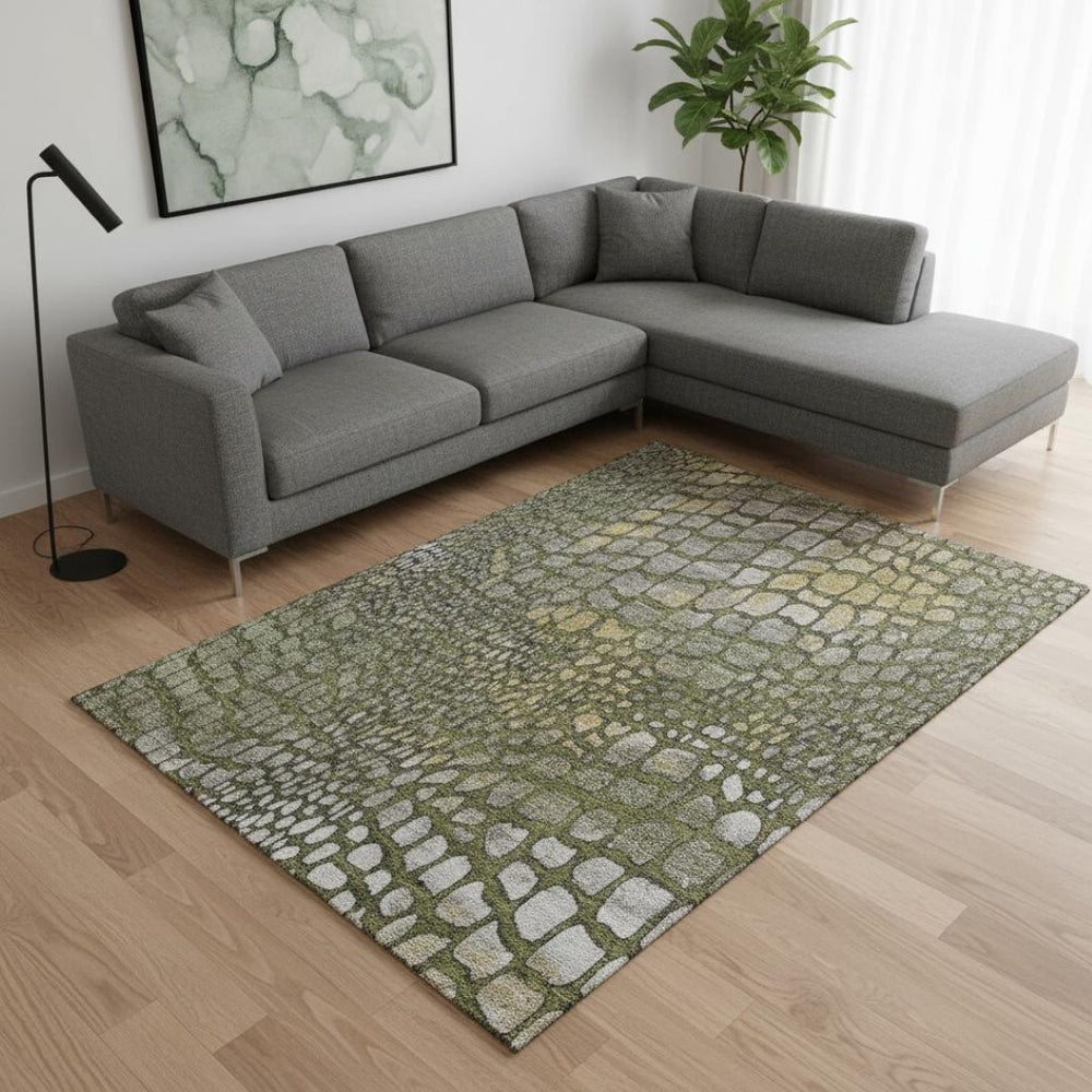 HomeRoots 9' X 12' Olive Green Gold Gray Abstract Area Rug - Durable, Stain-Resistant with UV Protection & Non-Slip Backing 677944