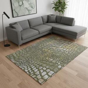 HomeRoots 9' X 12' Olive Green Gold Gray Abstract Area Rug - Durable, Stain-Resistant with UV Protection & Non-Slip Backing 677944
