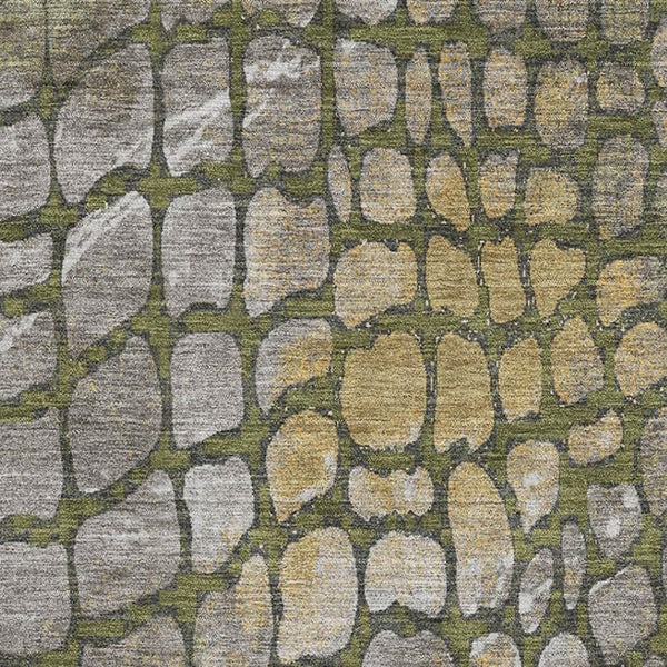HomeRoots 9' X 12' Olive Green Gold Gray Abstract Area Rug - Durable, Stain-Resistant with UV Protection & Non-Slip Backing 677944