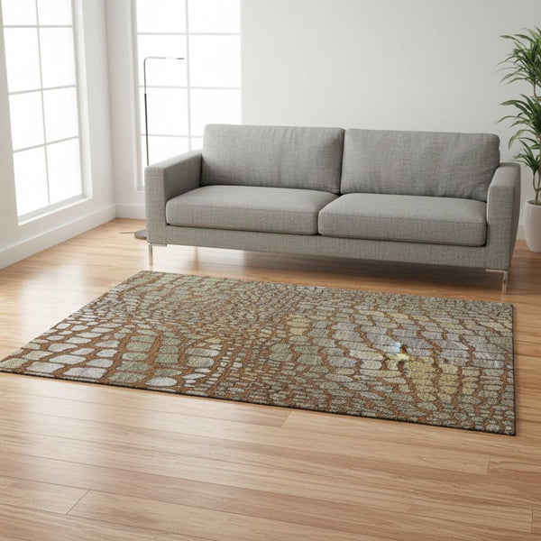 HomeRoots 5' X 8' Stylish Rust, Gold & Green Abstract Geometric Area Rug - Washable, UV Protected & Durable! 677947