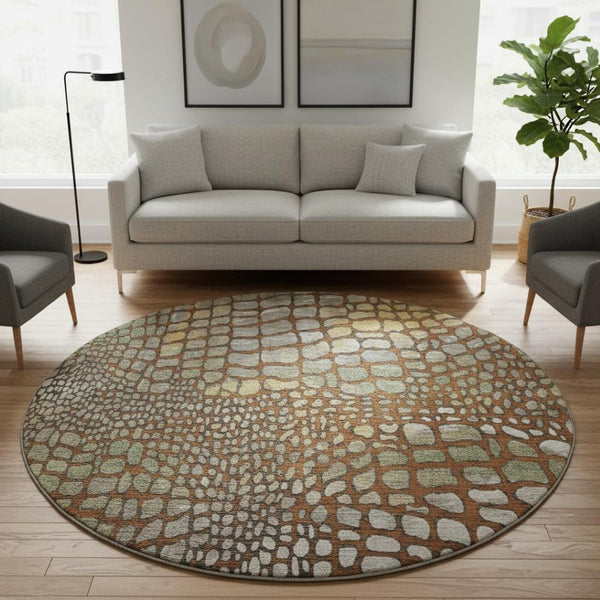 HomeRoots 8' Modern Abstract Geometric Round Rug in Rust, Gold & Green - Washable, UV-Protected & Durable 677948
