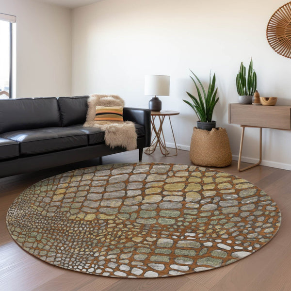 HomeRoots 8' Modern Abstract Geometric Round Rug in Rust, Gold & Green - Washable, UV-Protected & Durable 677948
