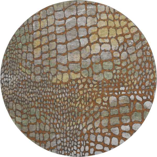 HomeRoots 8' Modern Abstract Geometric Round Rug in Rust, Gold & Green - Washable, UV-Protected & Durable 677948
