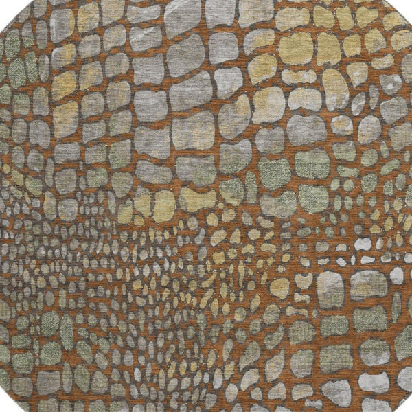 HomeRoots 8' Modern Abstract Geometric Round Rug in Rust, Gold & Green - Washable, UV-Protected & Durable 677948