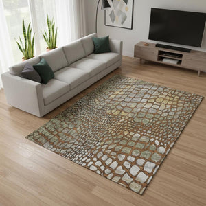 HomeRoots 8' X 10' Abstract Geometric Area Rug in Rust, Gold & Green - Washable, UV Protected, Stain Resistant! 677949