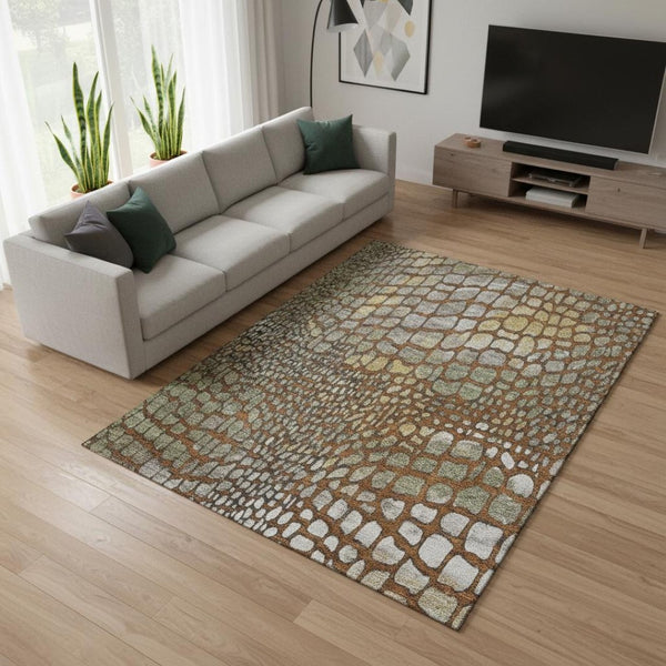 HomeRoots 8' X 10' Abstract Geometric Area Rug in Rust, Gold & Green - Washable, UV Protected, Stain Resistant! 677949