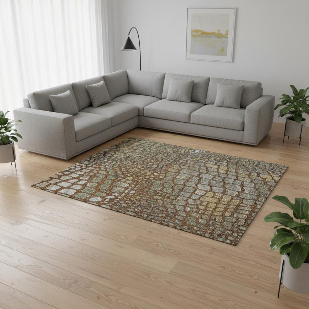 HomeRoots 9' X 12' Washable Abstract Geometric Area Rug in Rust, Gold & Green with UV Protection for Busy Homes 677950
