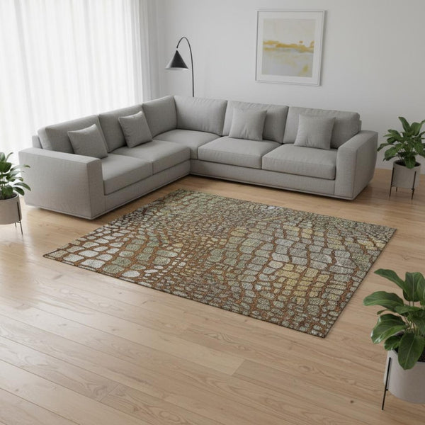 HomeRoots 9' X 12' Washable Abstract Geometric Area Rug in Rust, Gold & Green with UV Protection for Busy Homes 677950