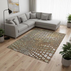 HomeRoots 10' Abstract Geometric Area Rug in Rust, Gold & Green - Washable, UV-Protected, Kid & Pet Friendly! 677951