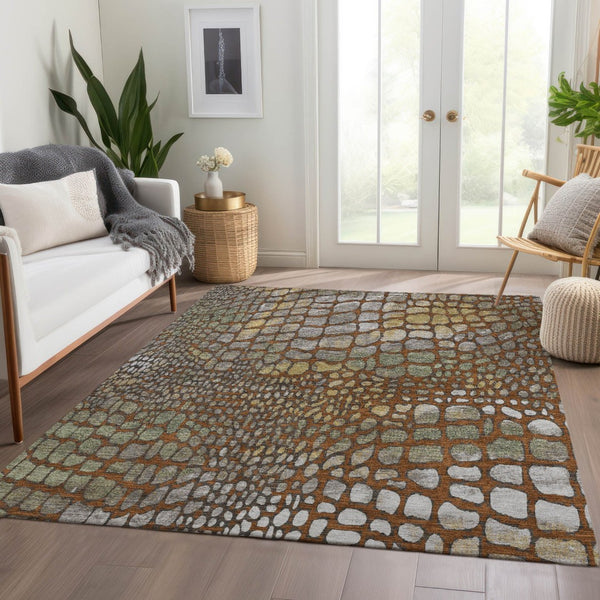 HomeRoots 10' Abstract Geometric Area Rug in Rust, Gold & Green - Washable, UV-Protected, Kid & Pet Friendly! 677951