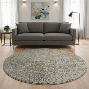 HomeRoots 8' Washable Round Rug in Beige, Taupe & Ivory - Stylish Geometric Design with UV Protection & Durability 677954