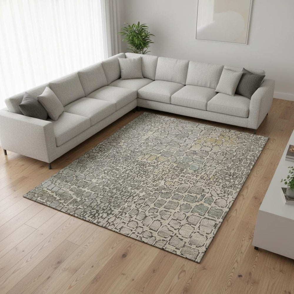 HomeRoots 8' X 10' Modern Beige Taupe Ivory Geometric Area Rug - Washable, UV Protected, Stain Resistant Design 677955