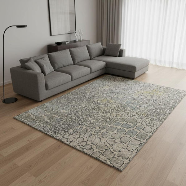 HomeRoots 9' X 12' Washable Abstract Geometric Area Rug in Beige Taupe Ivory - Stain Resistant & UV Protected 677956