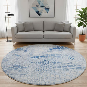 HomeRoots 8' Sky Blue and Ivory Geometric Washable Round Rug with UV Protection for Stylish Living Spaces 677960