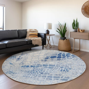 HomeRoots 8' Sky Blue and Ivory Geometric Washable Round Rug with UV Protection for Stylish Living Spaces 677960