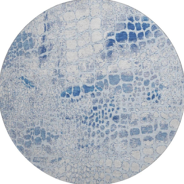 HomeRoots 8' Sky Blue and Ivory Geometric Washable Round Rug with UV Protection for Stylish Living Spaces 677960