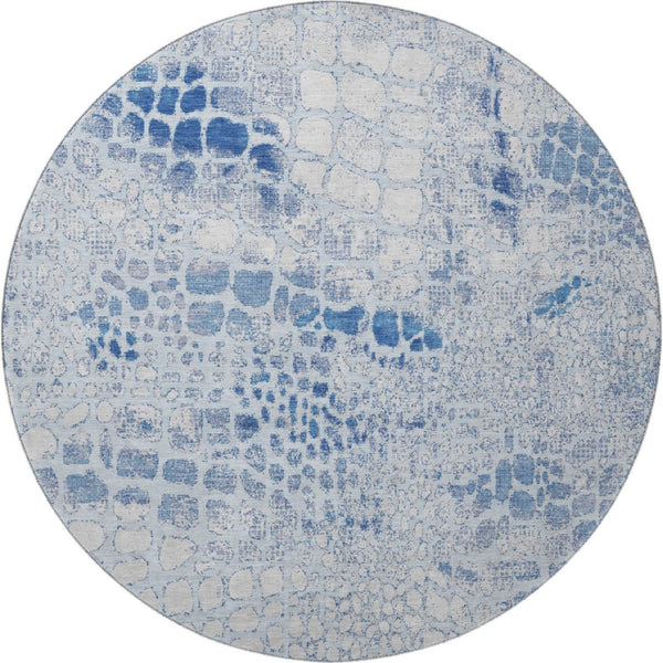 HomeRoots 8' Sky Blue and Ivory Geometric Washable Round Rug with UV Protection for Stylish Living Spaces 677960