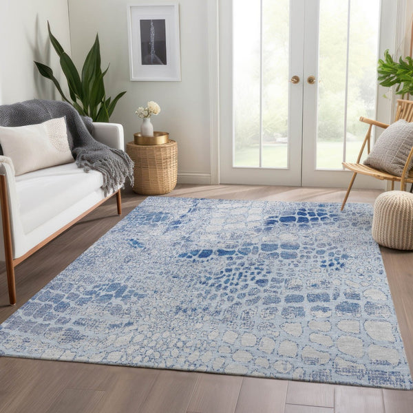 HomeRoots 9' X 12' Sky Blue and Ivory Abstract Area Rug - Washable, UV Protected, Perfect for High-Traffic Homes 677962